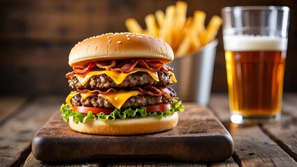 Gourmet double cheeseburger stacked high with fresh toppings served with crispy golden french fries and a refreshing glass of beer on a rustic wooden table