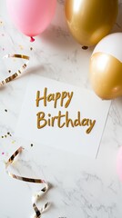 clean, minimalist birthday background in soft pink and white tones, with pastel balloons and streamers creating festive look, "Happy Birthday" text in elegant gold script , empty space