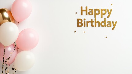 clean, minimalist birthday background in soft pink and white tones, with pastel balloons and streamers creating festive look, "Happy Birthday" text in elegant gold script , empty space