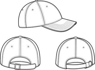 Baseball cap vector template, front back side view, adjustable strap, hat design outline, sports fashion accessory, headwear illustration graphic