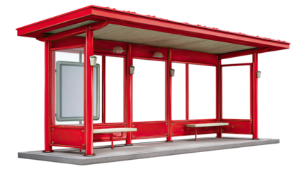 Long Red Bus Stop Shelter with Multiple Benches and Signage