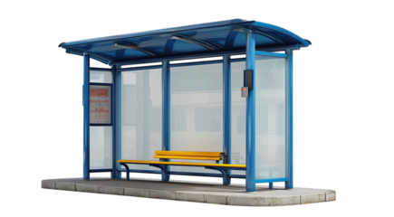 Modern Blue Bus Stop Shelter with Yellow Bench Isolated