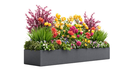 Beautiful city planter with vibrant mixed flowers and green plants.