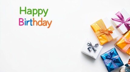 birthday banner with vibrant "Happy Birthday" text and colorful streamers, with balloons and presents. with copy space