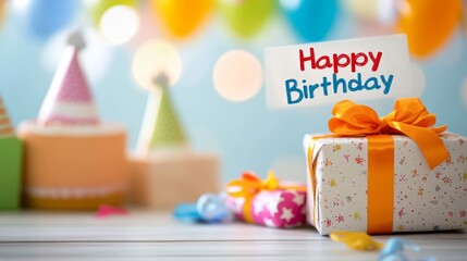 Pastel Birthday Scene with Balloons, Wrapped Presents, and Cupcake on Lavender Gradient Background - Space for Text