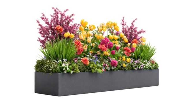 Beautiful city planter with vibrant mixed flowers and green plants.