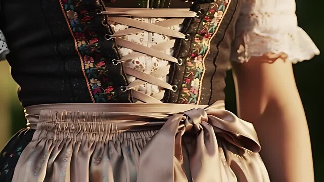 Intricate colorful details of a traditional dirndl: close-up on the apron bow, bodice lacing, and delicate lace blouse.