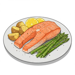 Delicious Grilled Salmon with Asparagus, Potatoes, and Lemon on a Plate