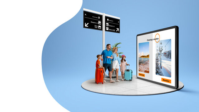 Family at airport selecting vacation destination on giant digital screen. Concept of travel booking platforms, copy space, digital guides, insurance services and leisure. 3D island composition