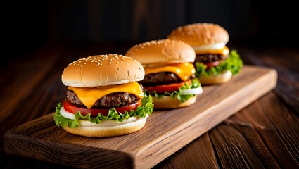 Three delicious cheeseburgers with sesame seed buns arranged on a wooden board