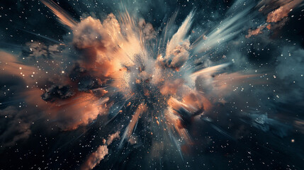 A dynamic and explosive burst of dust or powder, creating a swirling cloud of muted earth tones and specks, radiating outwards from a central point, evoking a sense of chaos and intense energy.