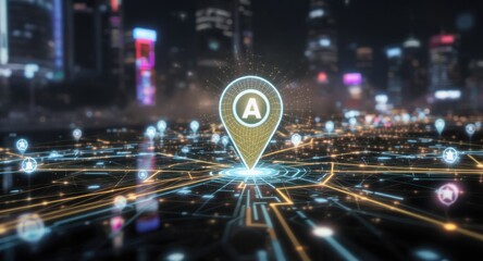 Glowing map pin over city network with buildings and people icons