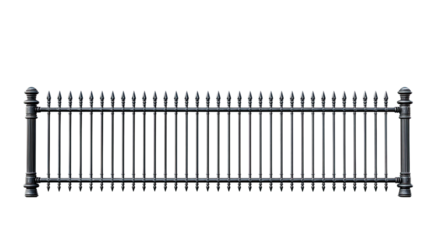 Realistic ornate black metal fence barrier with sharp spikes isolated