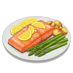 Delicious Grilled Salmon Fillet with Lemon Asparagus and Potatoes on Plate