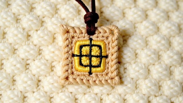 Handcrafted knitted pendant with yellow and brown yarn design