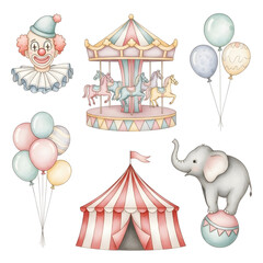 Obraz premium A delightful watercolor collection of circus and carnival elements including a clown, carousel, tent, elephant, and balloons