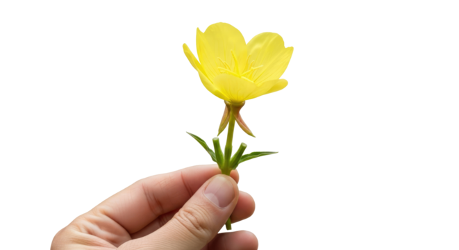 a hand offering a single yellow evening primrose natures gentle gift, isolated on transparent background