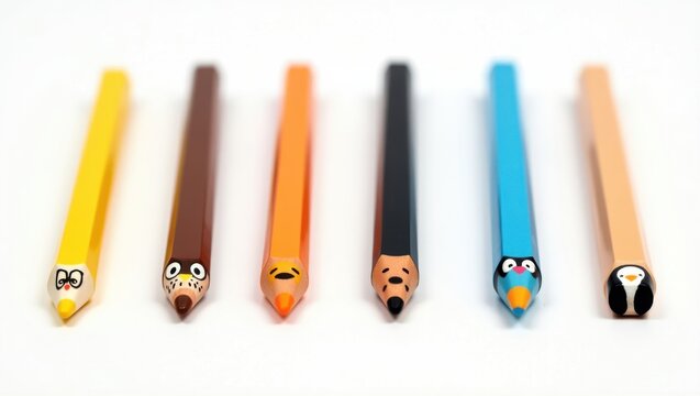 Colorful animal-themed pencils lined up on a clean white background