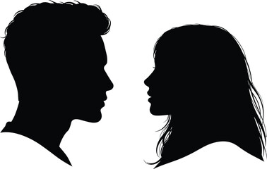 Silhouette of man and woman face to face, romantic couple side profile, love relationship concept, people vector illustration, black art