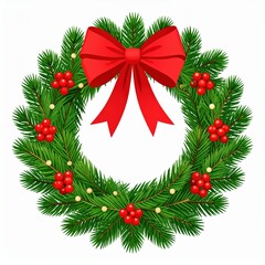 Festive Christmas wreath made of evergreen branches, adorned with a red bow, bright red berries, and small golden lights.