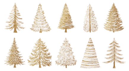 Golden Glitter Textured Hand Drawn Christmas Trees Clip Art Set