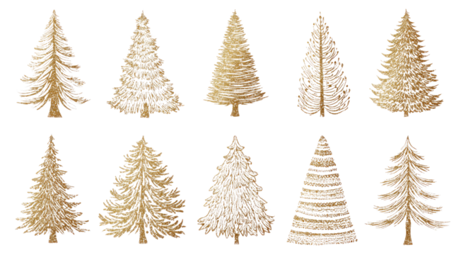 Golden Glitter Textured Hand Drawn Christmas Trees Clip Art Set