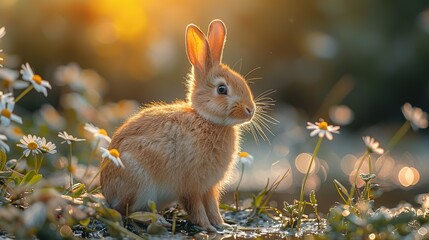 Fototapeta premium Cute Little Bunny Grass Water Flower Sunny Meadow Easter Celebration Adorable Animal Concept 