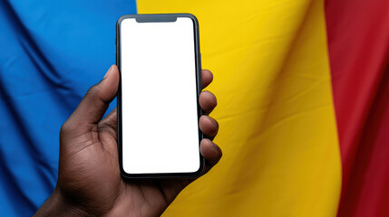 Close-up of a black guy holding a mobile phone with a white screen against the background of the colorful blue-yellow-red flag of Romania. A phone mockup to advertise a mobile app