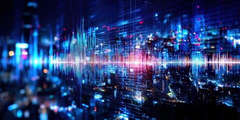 An abstract representation of sound waves over a vibrant cityscape, highlighting the interplay of technology and urban life.