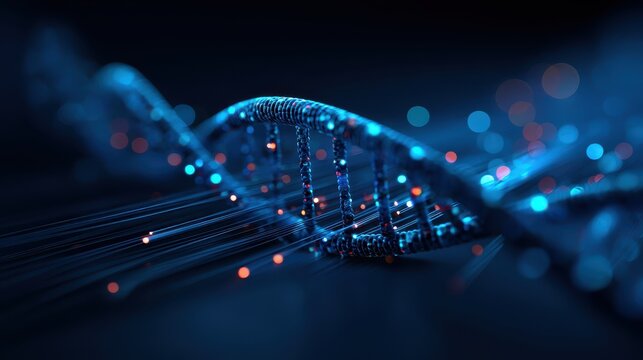 A vibrant, abstract representation of DNA strands illuminated by blue and colorful lights, suggesting themes of science and technology. - Powered by Adobe
