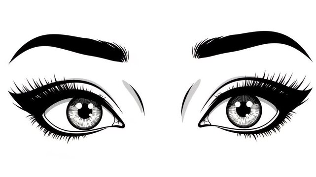 Striking Black and White Comic Style Female Eyes Close Up with Dramatic Lashes and Eyebrows 4K Ai HD video.	