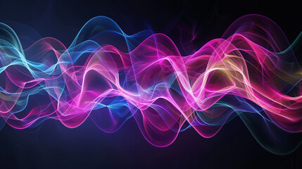 A mesmerizing digital artwork featuring vibrant neon waves of blue, pink, and purple light flowing across a dark background, symbolizing energy, motion, creativity, and the futuristic harmony of techn