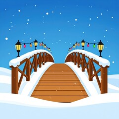 A whimsical illustration of a wooden bridge covered in snow with festive lights under a starry winter sky.