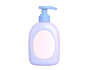 Soft lavender baby product pump bottle 3D render with blue dispenser, isolated on black.
