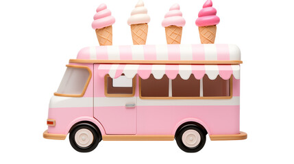 A pink and white toy ice cream truck with four ice cream cones on top against a black background