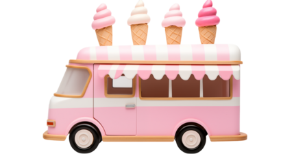 A pink and white toy ice cream truck with four ice cream cones on top against a black background