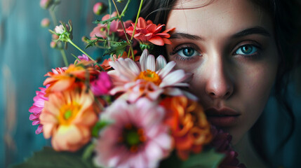 A serene young woman with closed eyes wears an extravagant floral crown, showcasing vibrant blossoms in full bloom, blending nature and art into a poetic, dreamy, and visually captivating portrait of 