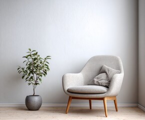 A neutral-toned room features a comfortable armchair and a potted plant, evoking a calm and serene atmosphere.