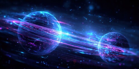 A mesmerizing digital depiction of two planets surrounded by vibrant cosmic energy and swirling light in a dark space backdrop.