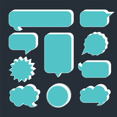 A large set of white speech bubbles with black volumetric shadow in various shapes and sizes. Suitable for comic design, illustrations, and other creative uses