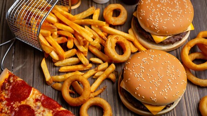 Delicious fast food spread featuring burgers fries onion rings and pepperoni pizza overhead view rustic table
