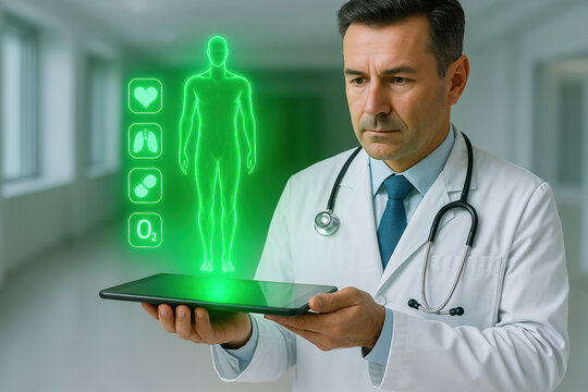 Middle-aged Caucasian male doctor in a white coat with a stethoscope holds a black tablet displaying a bright green hologram of a full human body in a modern hospital corridor, symbolizing advanced