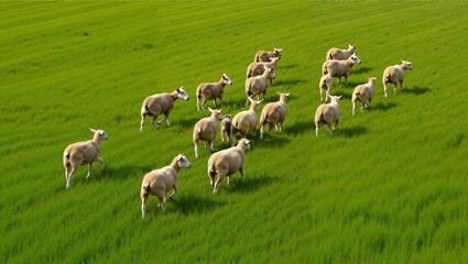 Obraz premium A flock of sheep walking across a vibrant green pasture. Herd of livestock on a rural farm in the countryside. Agriculture and animal husbandry concept.