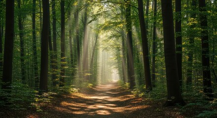 Obraz premium Sunlight filtering through towering trees in a serene forest path creating a mystical atmosphere