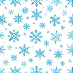 Winter pattern of intricate blue snowflakes on a white background.