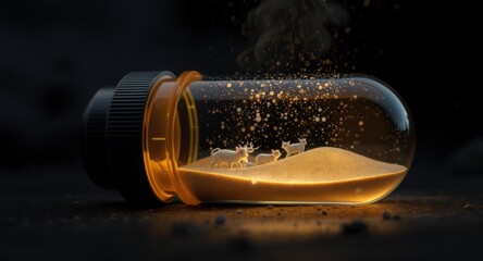 Miniature cows within a glowing jar, dust motes floating in the air