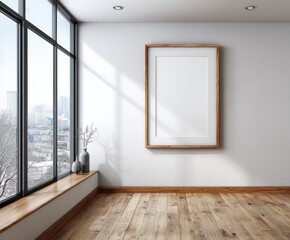 Fototapeta premium A minimalist interior scene featuring a large, light-toned wooden frame on a white wall, showcasing a spacious room with hardwood floors and a large window overlooking a snowy city landscape.