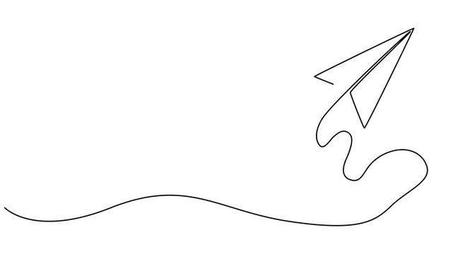 Paper airplane flight continuous line drawing animated video, Animated One continuous line drawing of paper plane signs. Minimal flying invite icon line art animation full-length video clip. pro style