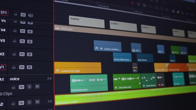 A close-up view of a digital video editing timeline on a computer screen, showing multiple tracks with video clips, audio layers, and subtitles. The editing software interface displays pixels, markers