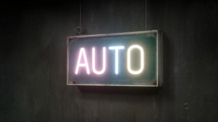 Neon sign displaying 'AUTO' in bright letters against dark background. Illuminated signage for automotive business. Glowing advertisement with retro style for car service or dealership